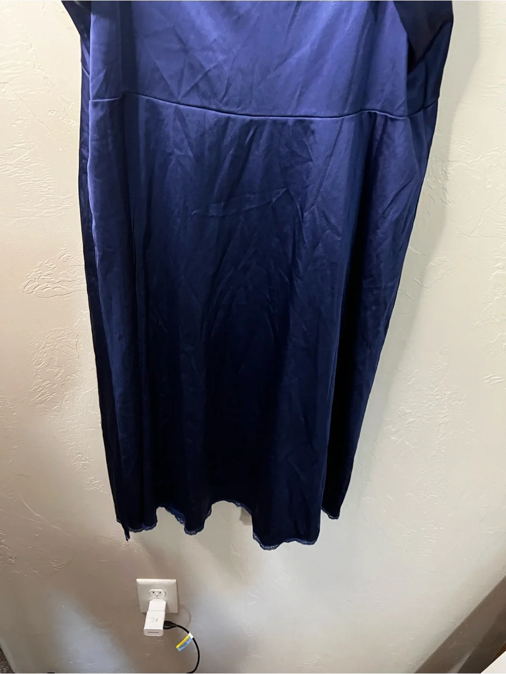 Vanity Fair Vintage 80s Navy Blue Semi Sheer Lace Trim Midi Slip Dress